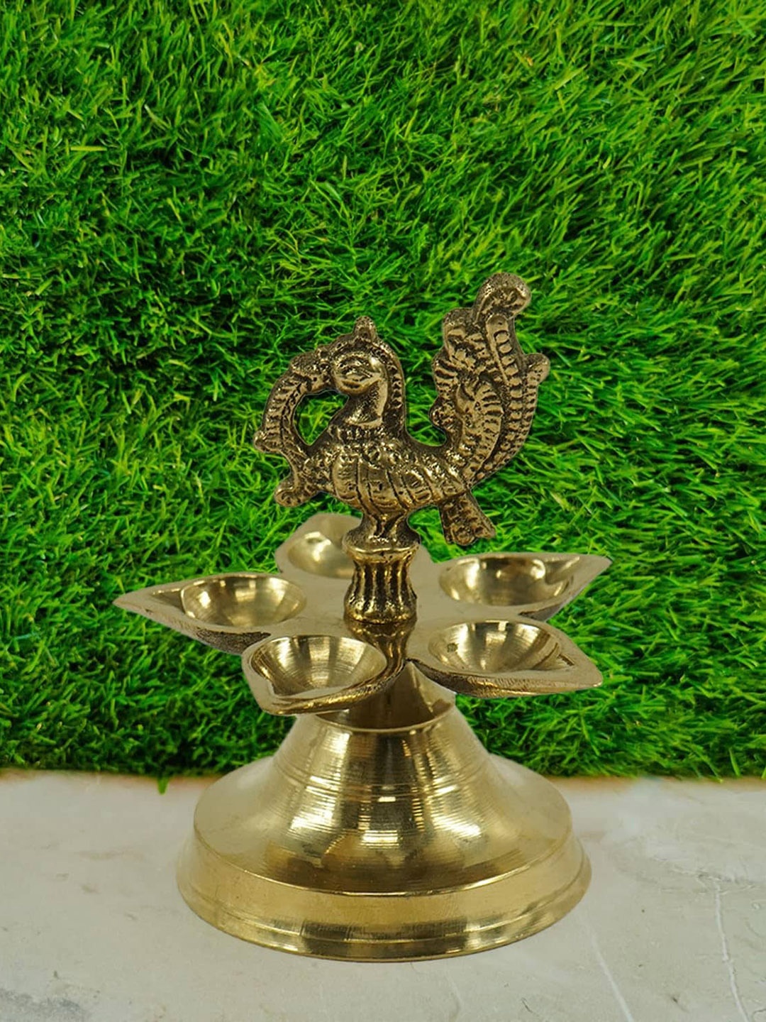 

PujaNPujari Gold Toned Peacock Panchmukhi Brass Diya