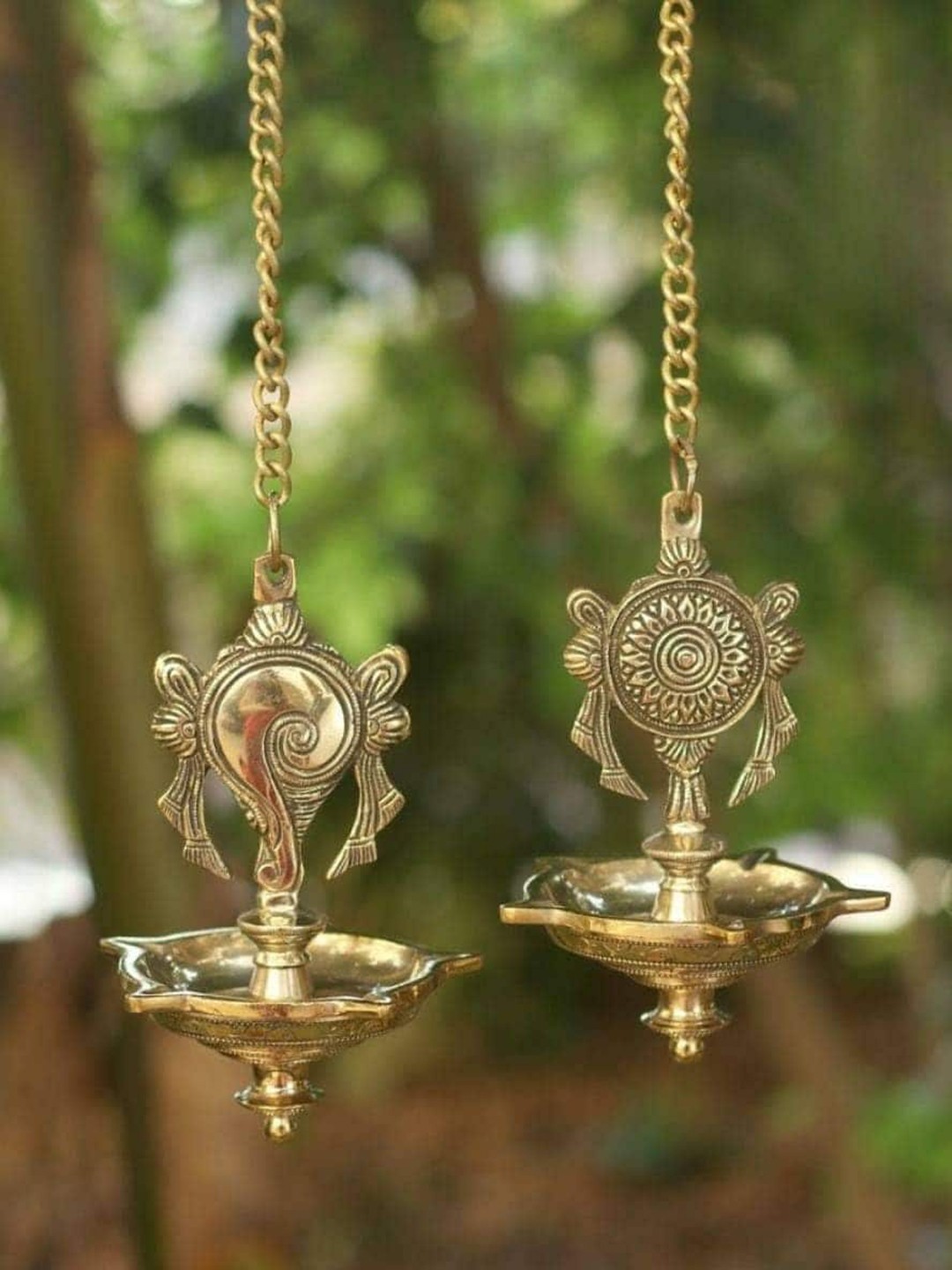 

PujaNPujari Gold Toned 2 Pcs Hanging Shankh Chakra Brass Diya