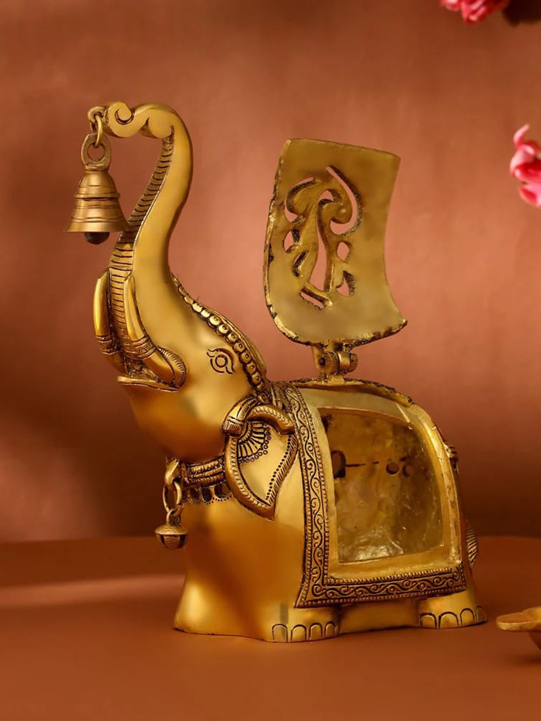 

PujaNPujari Gold Toned Elephant Lamp With Small Diya Brass Figurine Showpiece
