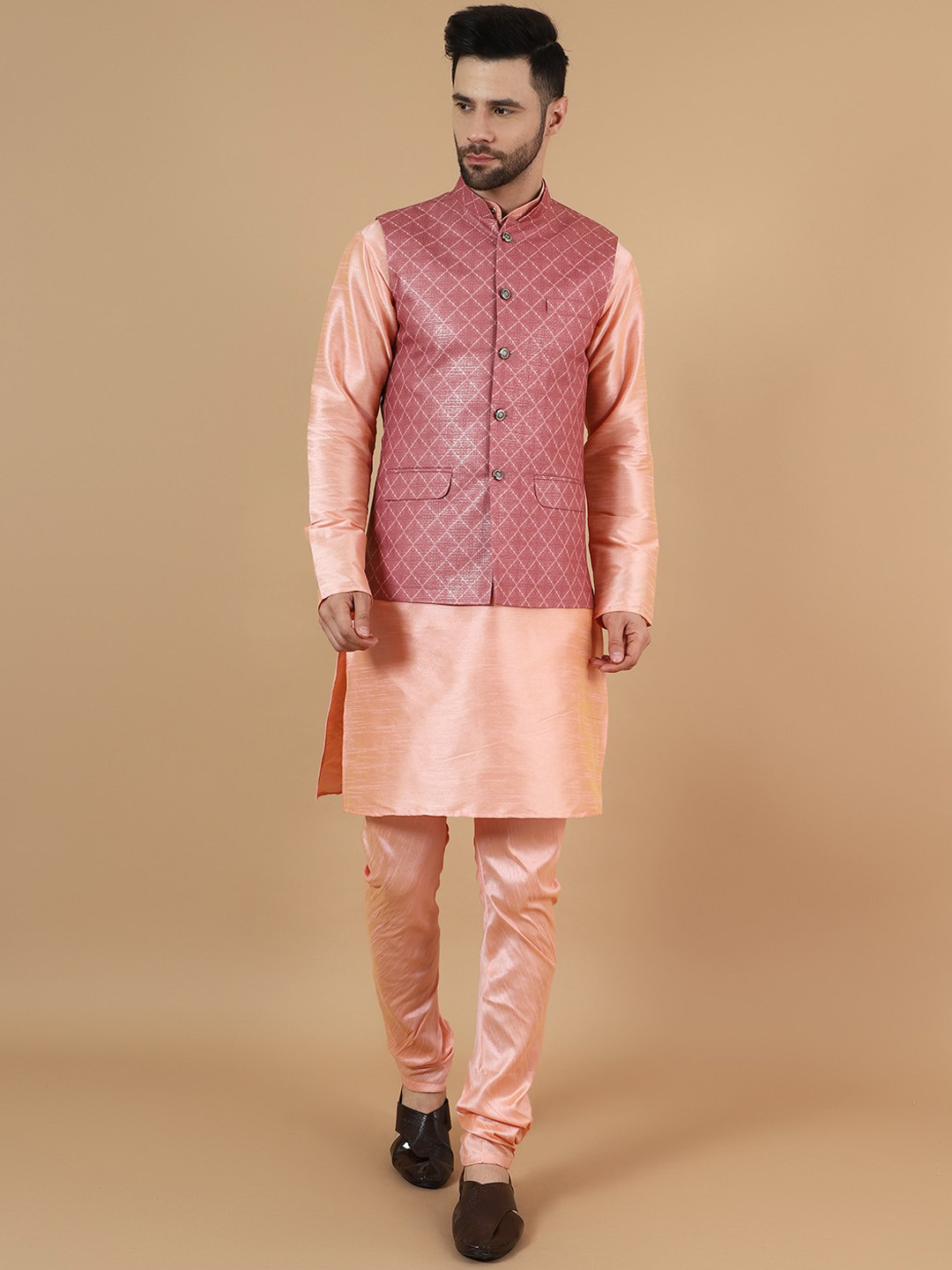

Wintage Mandarin Collar Straight Kurta & Pyjamas With Nehru Jacket, Pink