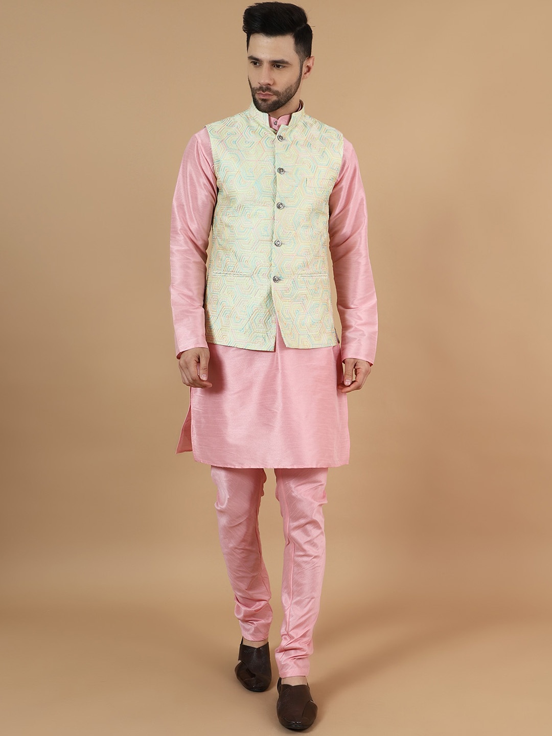 

Wintage Mandarin Collar Straight Kurta & Pyjamas With Nehru Jacket, Pink