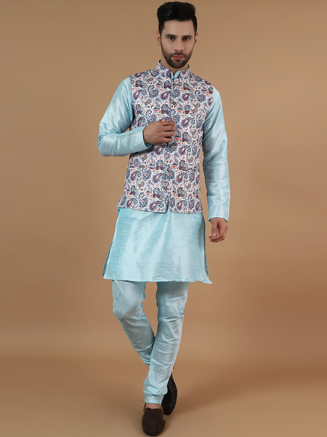 

Wintage Mandarin Collar Straight Kurta & Pyjamas With Nehru Jacket, Blue