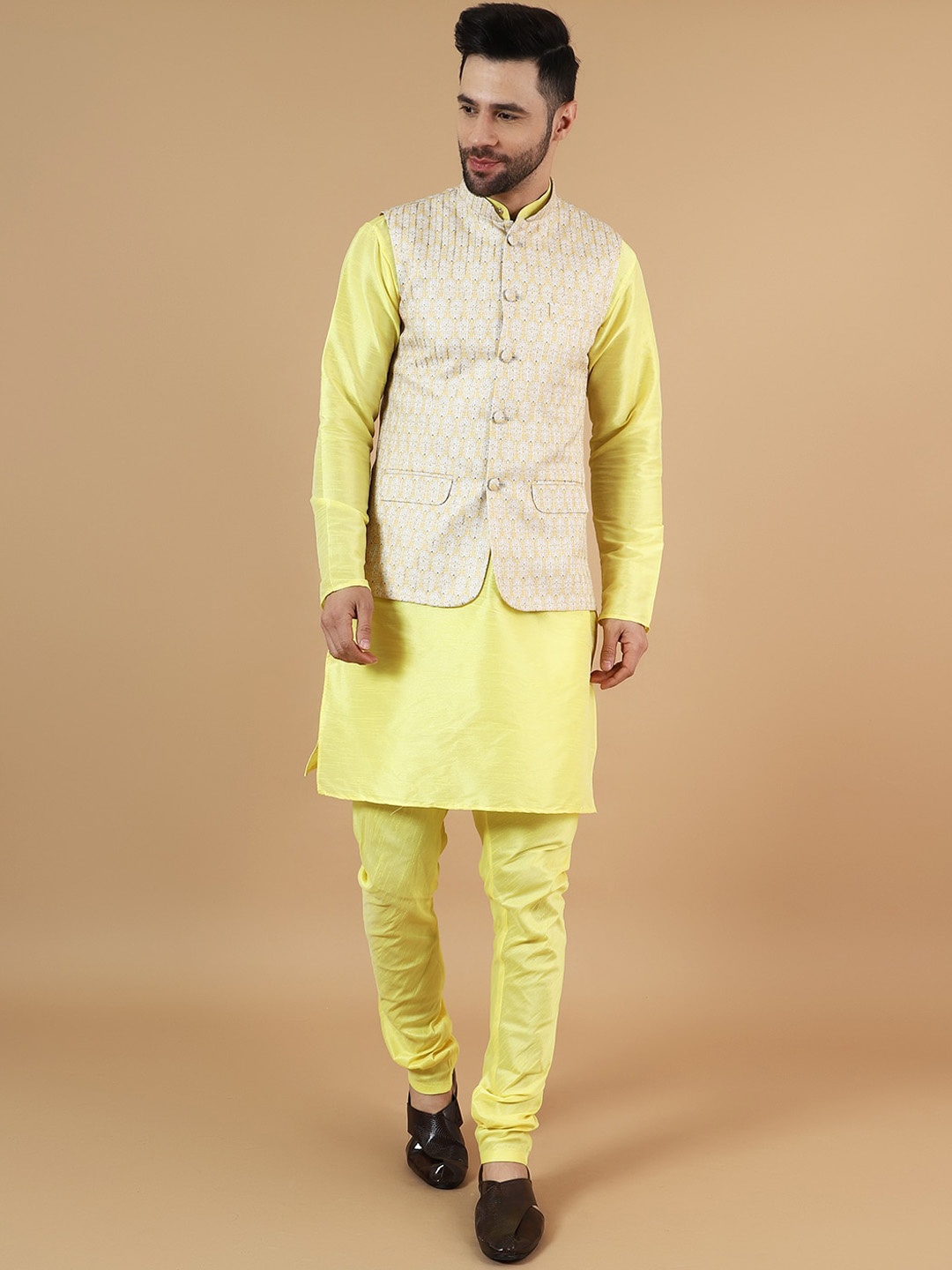 

Wintage Mandarin Collar Straight Kurta with Pyjamas & Nehru Jacket, Yellow