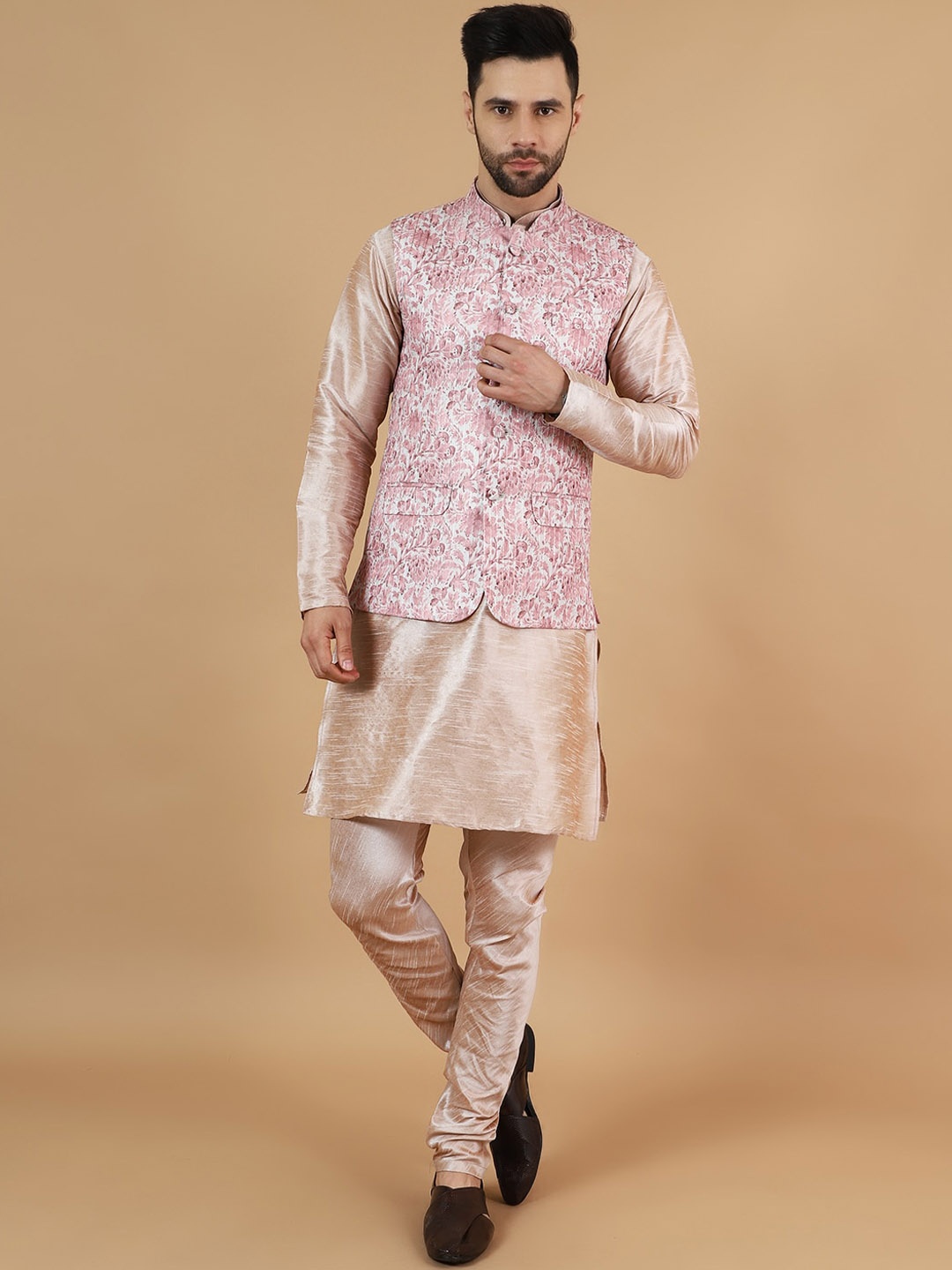 

Wintage Mandarin Collar Long Sleeves Straight Kurta with Pyjamas And Printed Nehru jacket, Pink