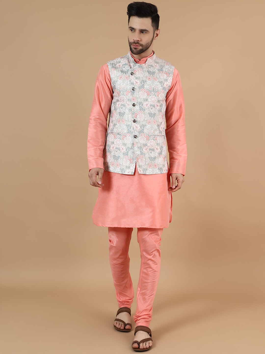 

Wintage Straight Kurta with Churidar & Printed Nehru Jacket, Pink