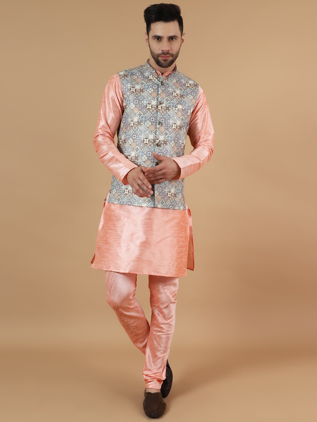 

Wintage Straight Kurta with Churidar & Printed Nehru Jacket, Pink