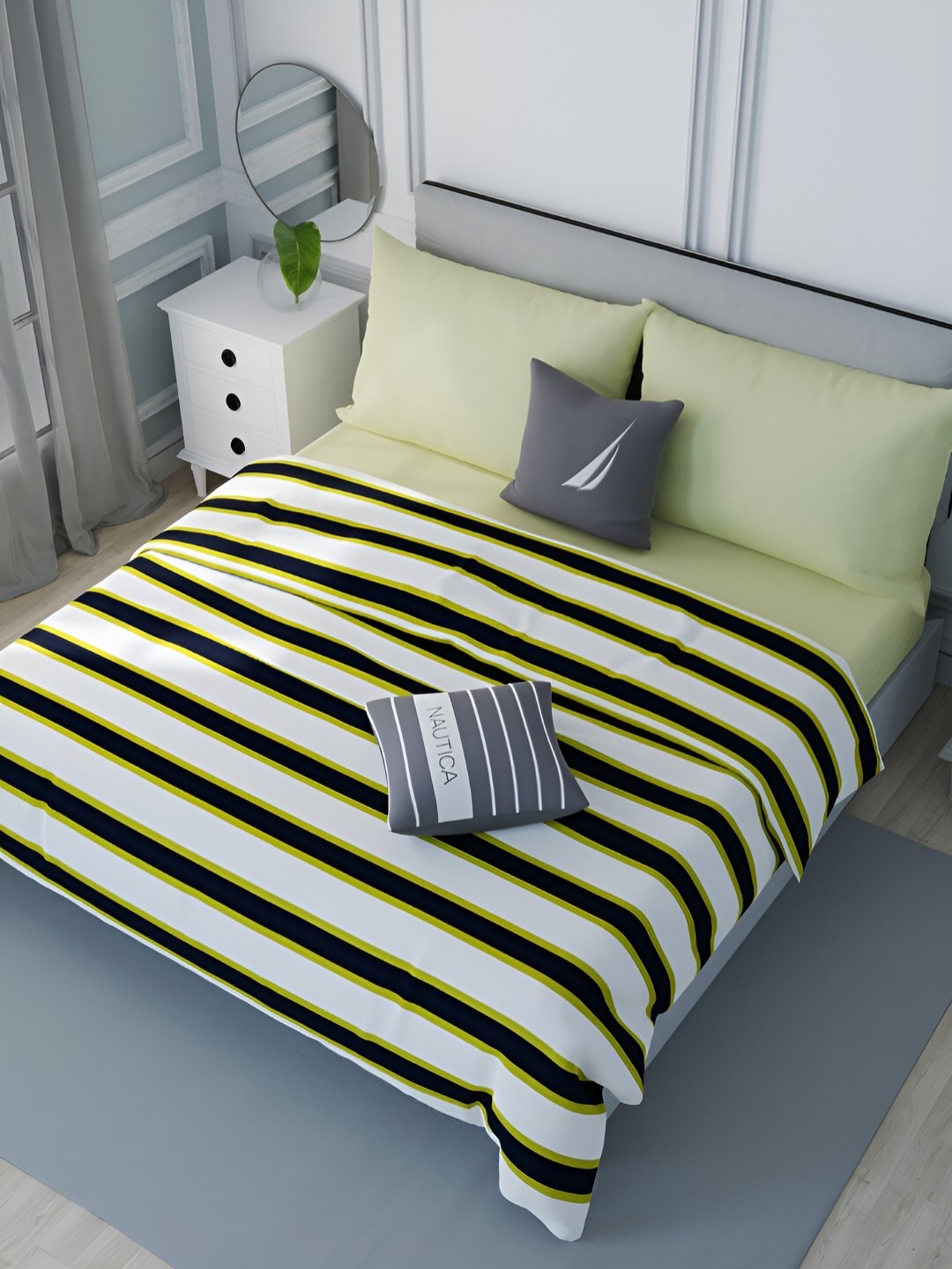 

Nautica Off White & Green Striped AC Room Double Bed Dohar
