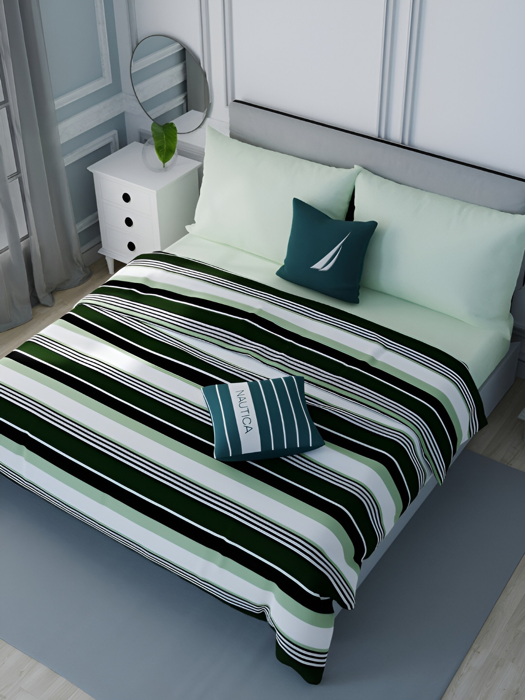 

Nautica Olive Green & White Striped AC Room Double Bed Dohar