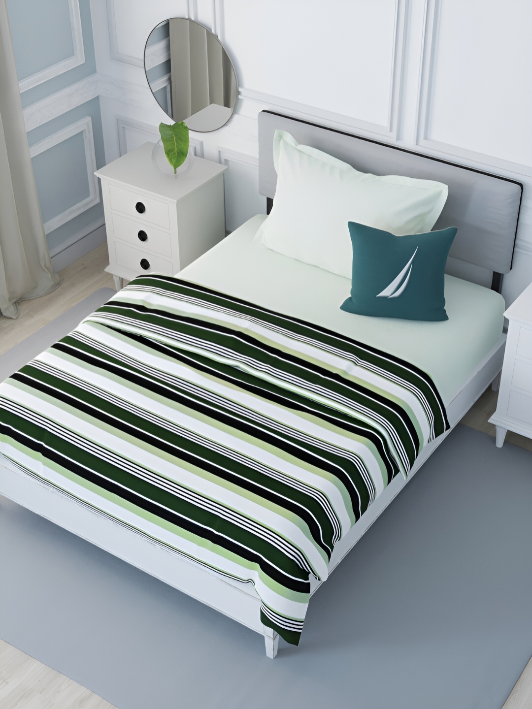 

Nautica Olive Green & White Striped AC Room Single Bed Dohar