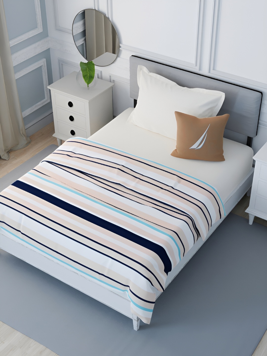 

Nautica Peach-Coloured & White Striped AC Room Single Bed Dohar