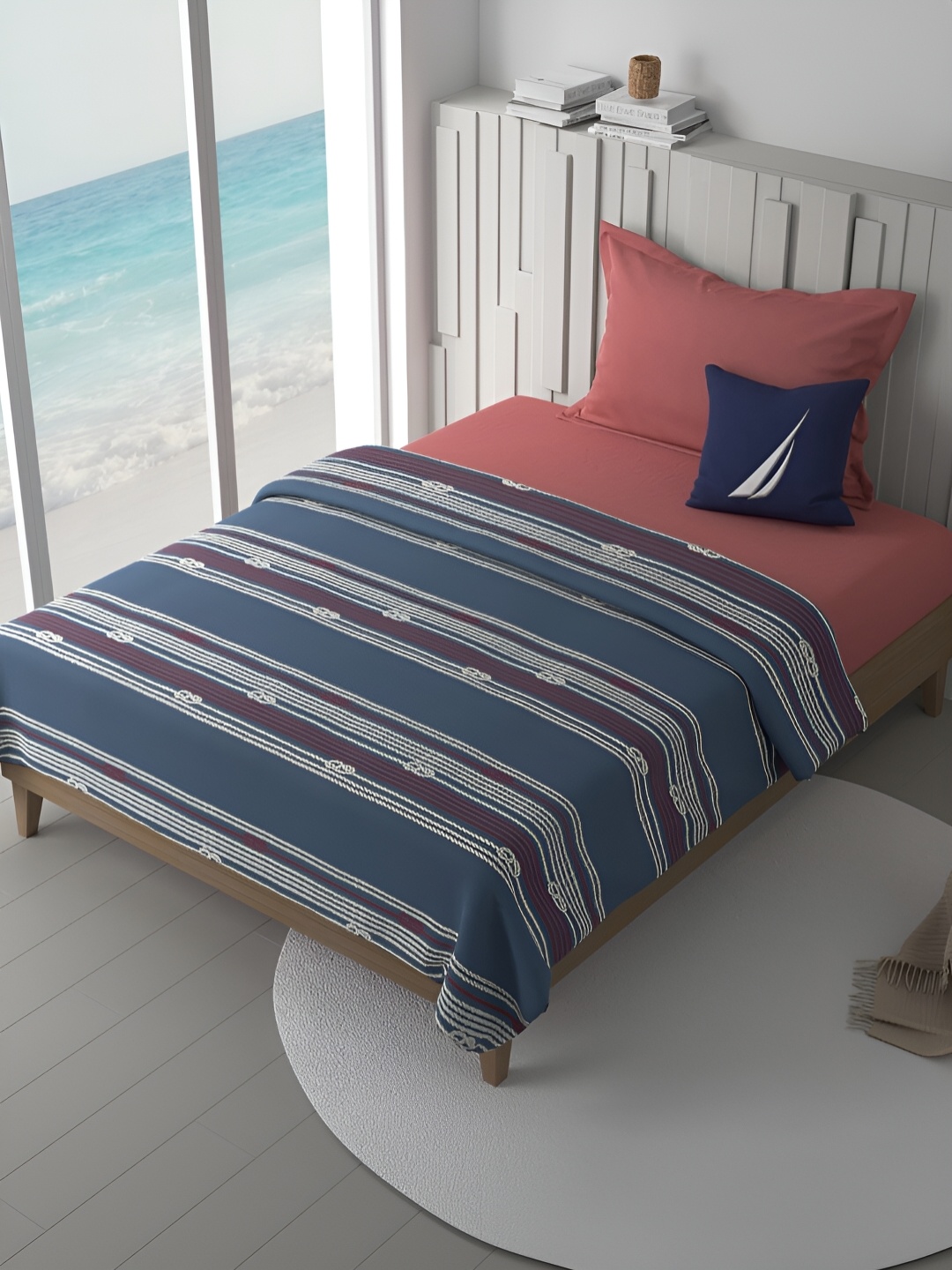 

Nautica Blue & White Striped AC Room Single Bed Dohar