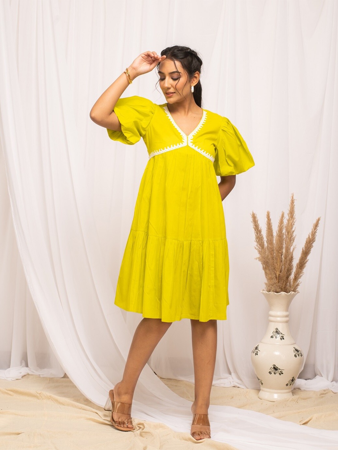 

FIORRA Cotton V-Neck Flared Sleeve A-Line Casual Dress, Yellow