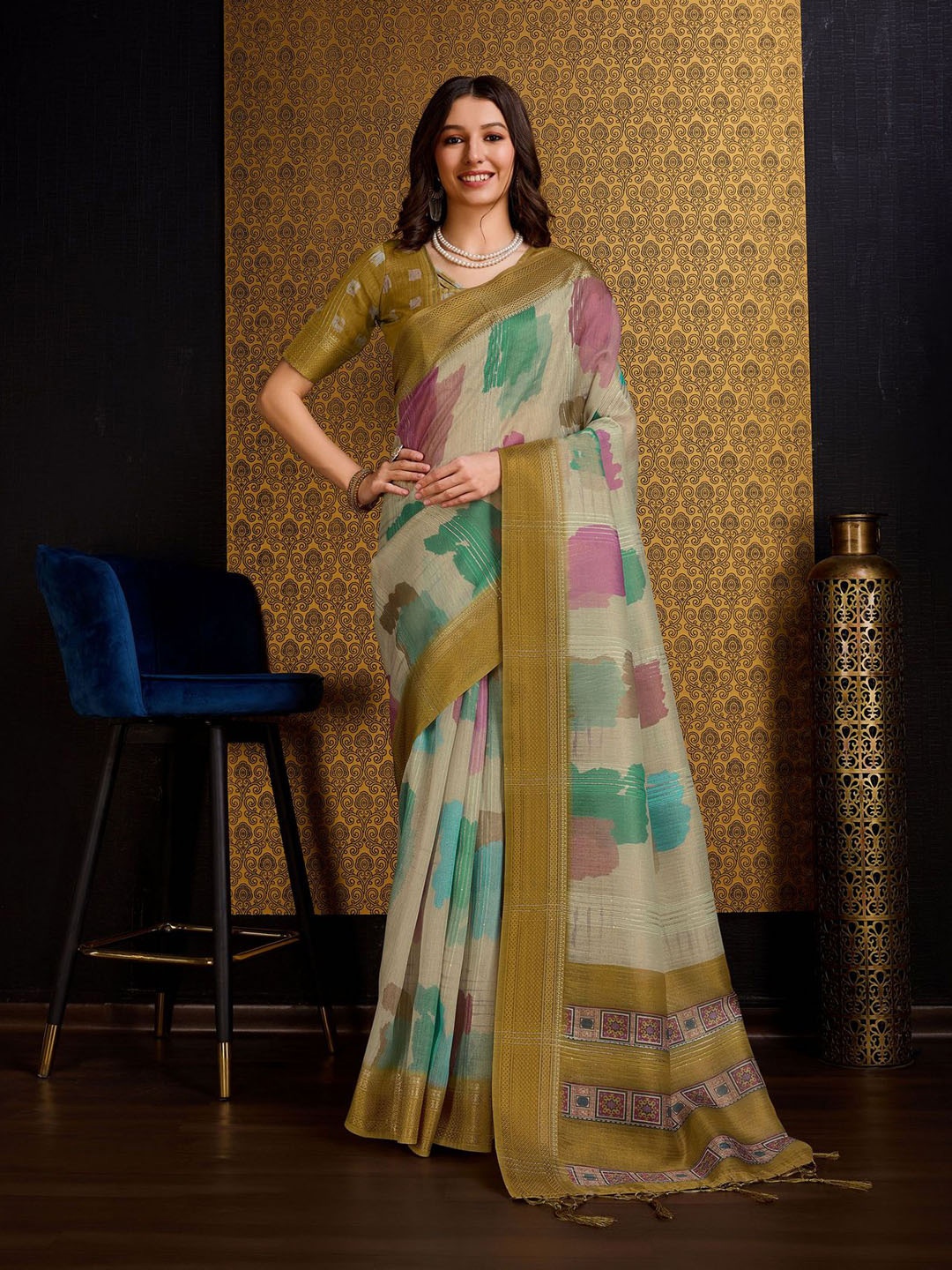 

Mitera Beige Abstract Printed Woven Design Zari Organza Saree