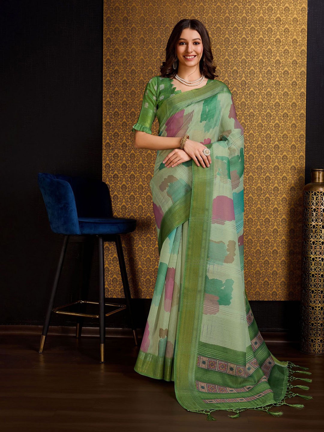 

Mitera Green Abstract Printed Woven Design Zari Organza Saree