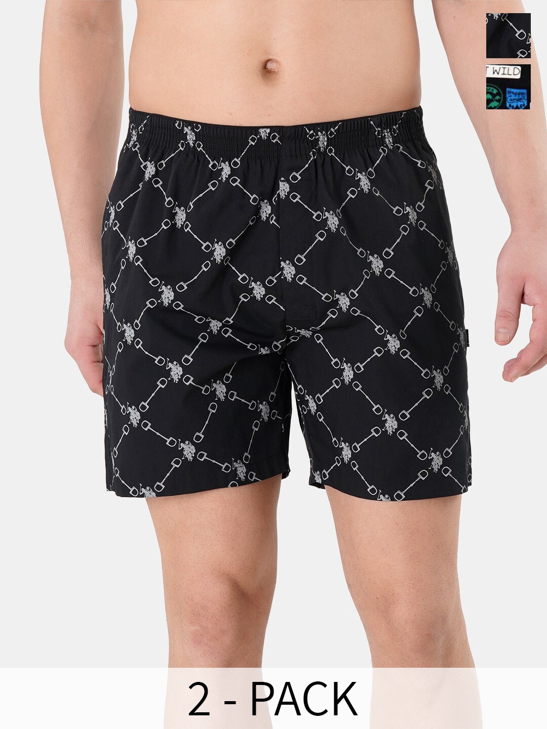

U.S. Polo Assn. Men Pack Of 2 Conversational Printed Cotton Boxers 22596658-1-22596652, Black