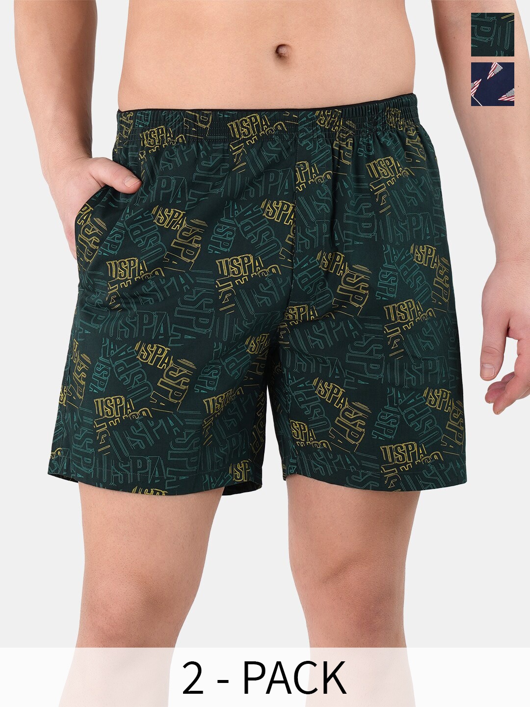 

U.S. Polo Assn. Men Pack Of 2 Conversational Printed Cotton Boxers 22596640-1-22596662, Green