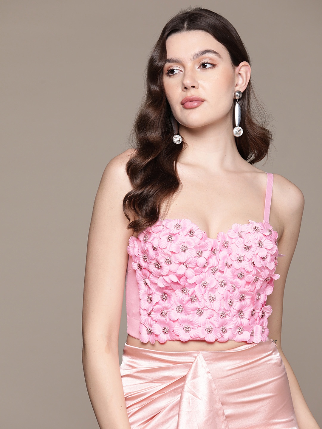 

bebe Floral Applique Studded Corset Crop Top, Pink