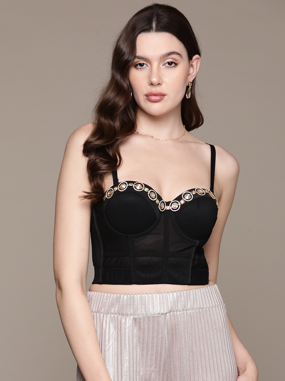 

bebe Studded Corset Crop Top, Black