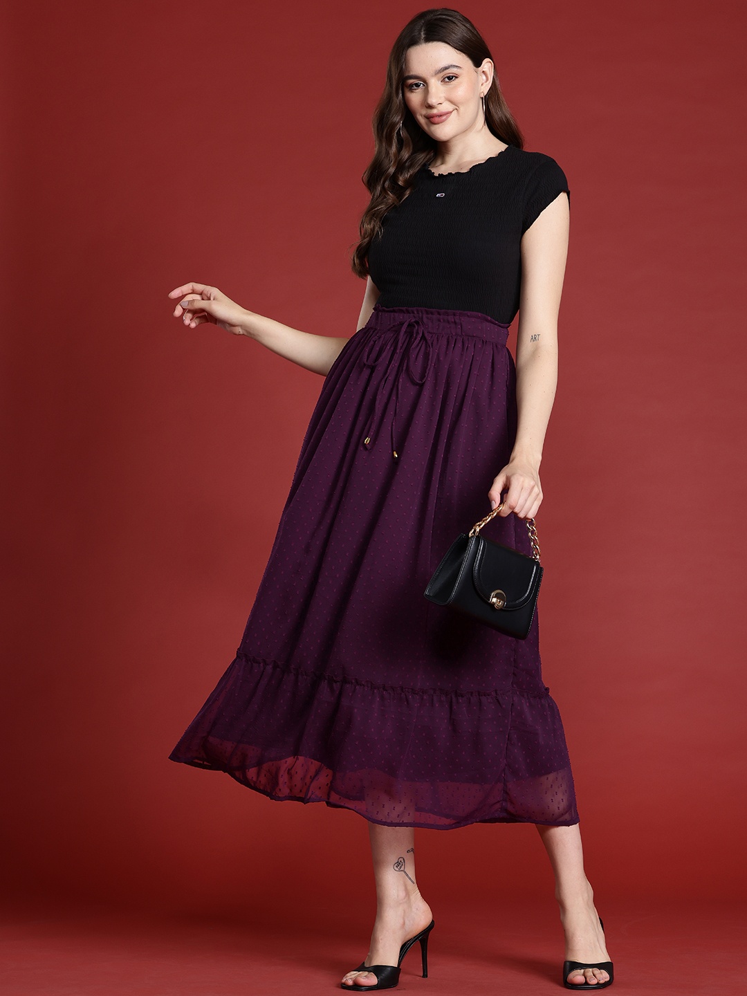 

all about you Women Dobby Weave Midi Flared Skirt, Purple