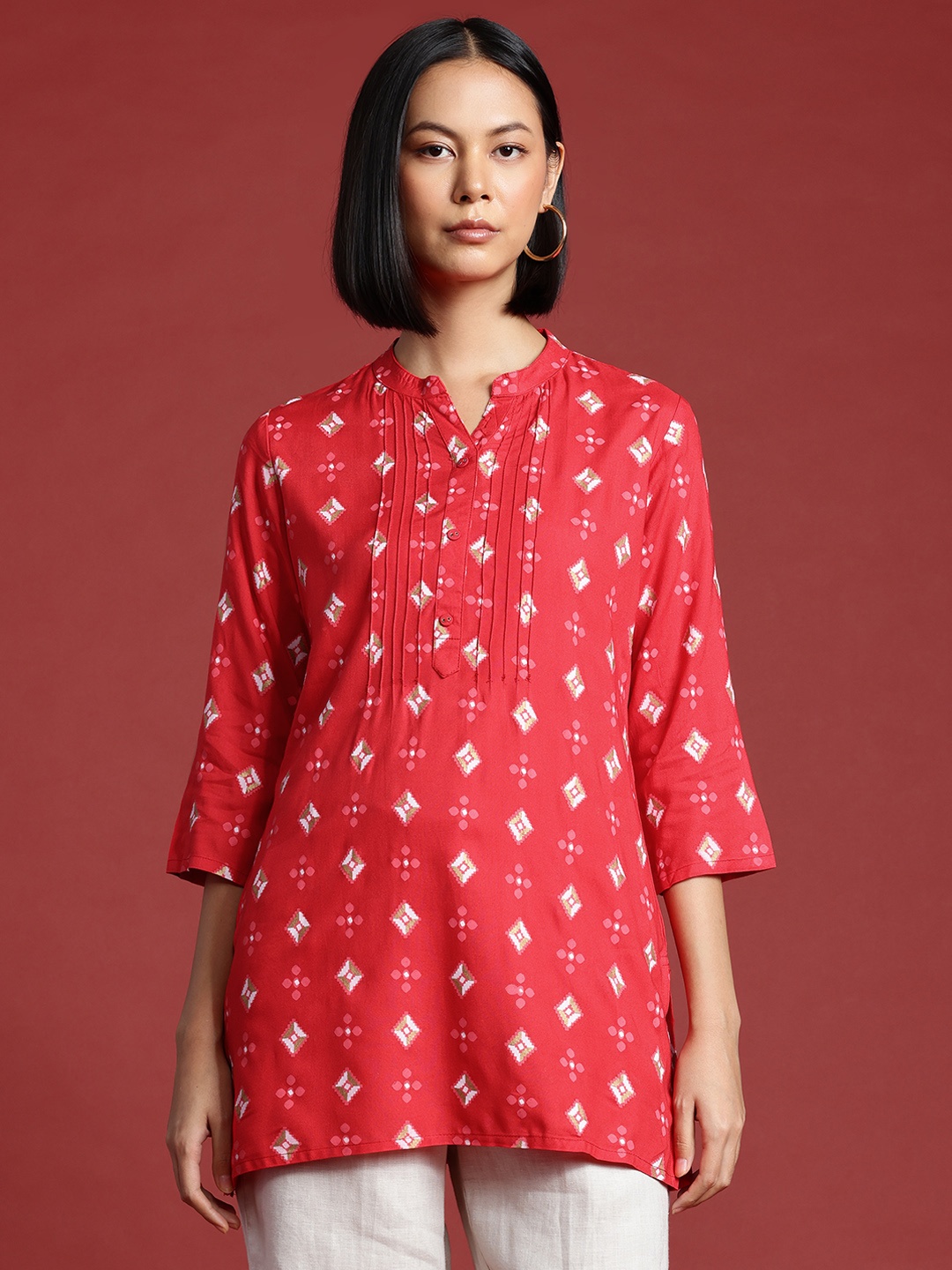 

all about you Ethnic Motifs Print Pure Cotton Pin Tucks Kurti, Red