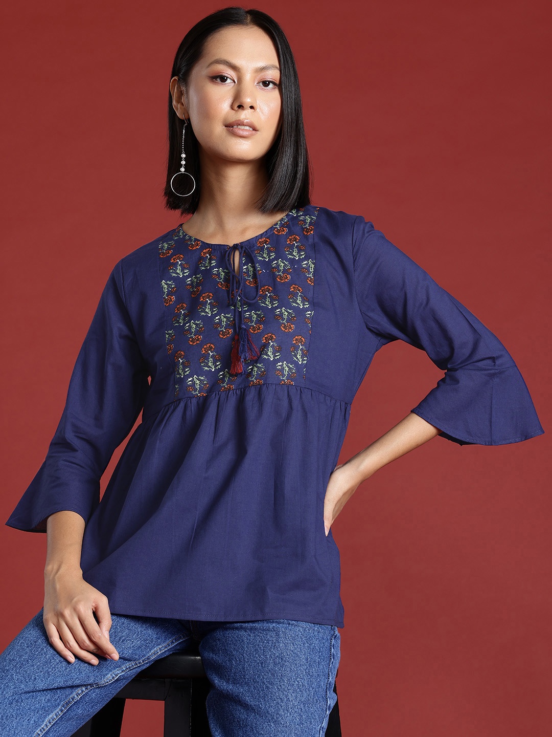 

all about you Pure Cotton Printed A-line Short Kurti, Navy blue