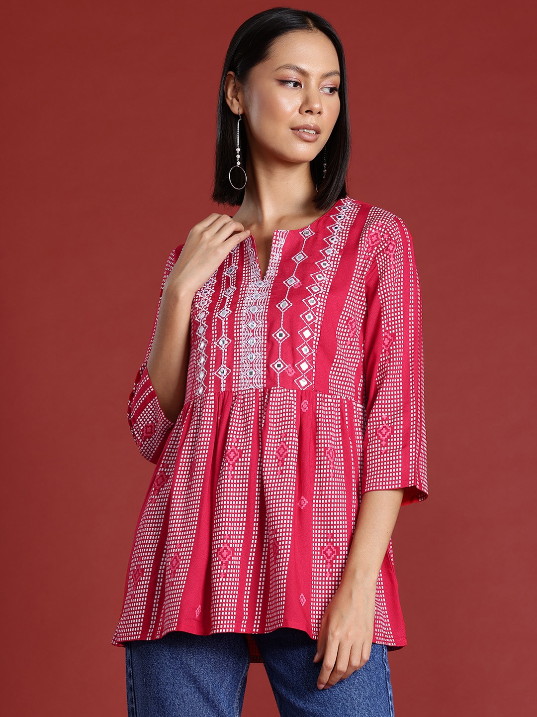 

all about you Geometric Printed Mirror Work Festive Short Kurti, Red
