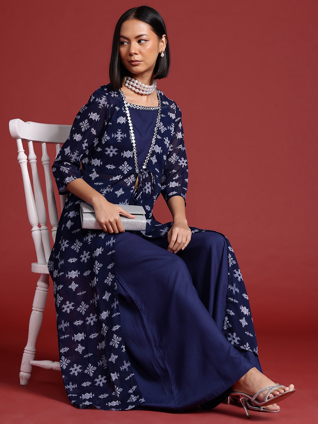 

all about you Printed Mirror-Work Ethnic Co-ords with Longline Shrug, Navy blue