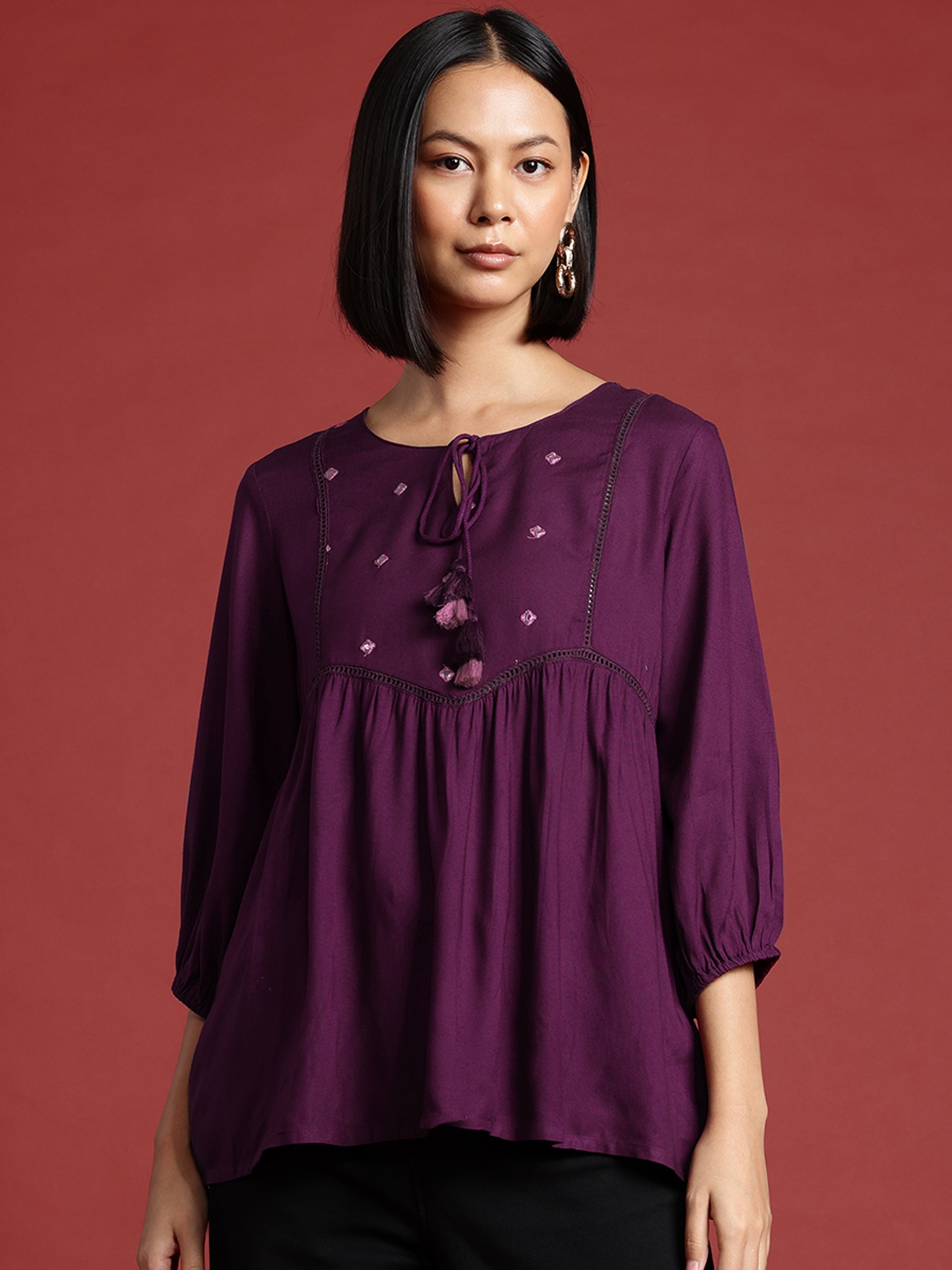 

all about you Mirror Work Empire Kurti, Magenta