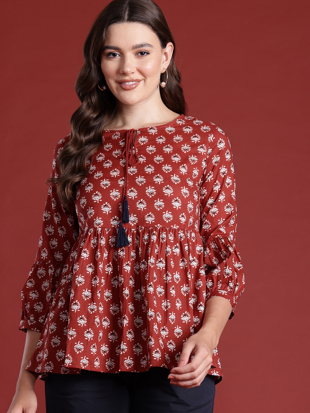 

all about you Ethnic Printed Tie-Up Neck Pure Cotton Top, Maroon