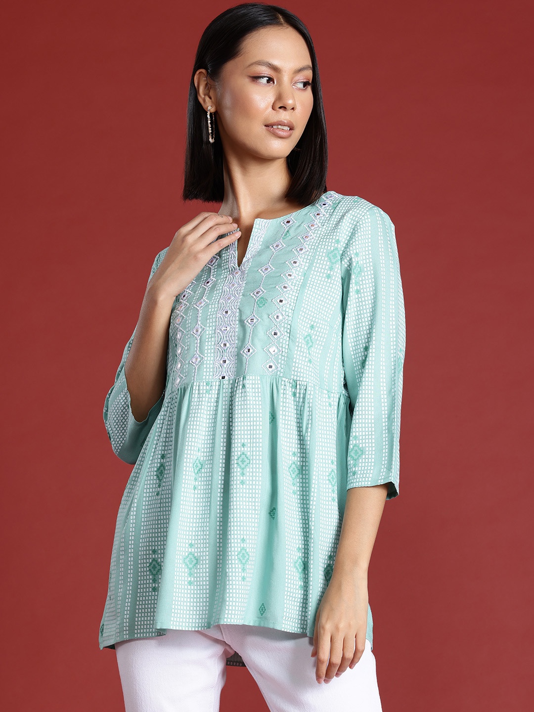 

all about you Geometric Printed Mirror Work Festive Short Kurti, Green