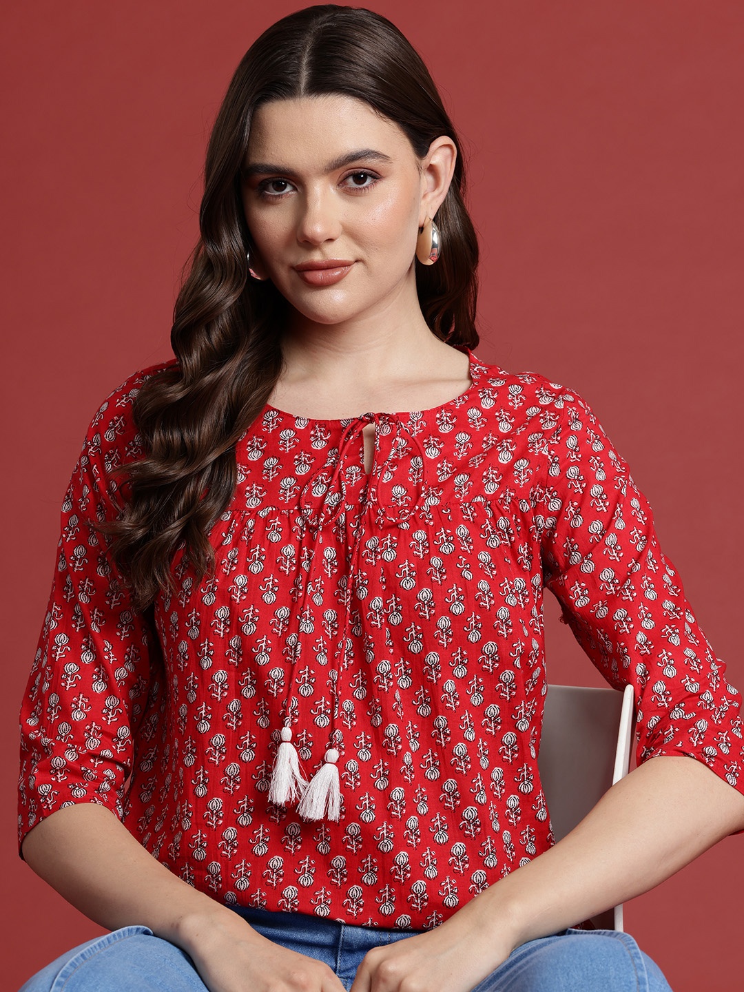 

all about you Ethnic Motifs Print Pure Cotton Pleated Short Kurti, Red