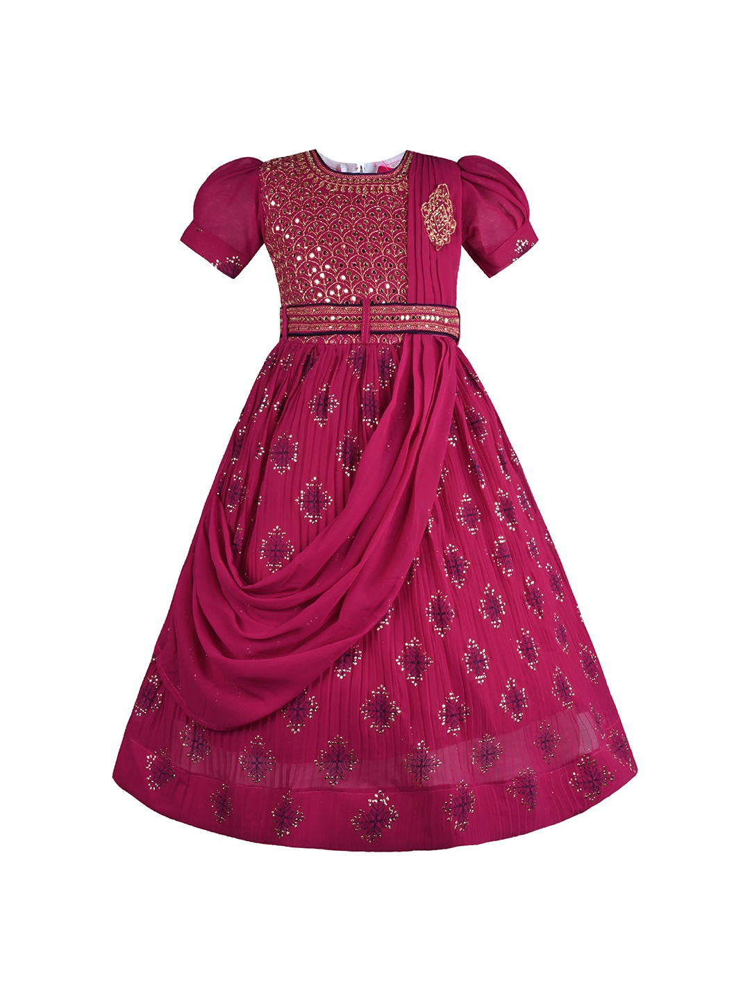 

Wish Karo Girls Embellished Round Neck Puff Sleeves Fit and Flare Maxi Dress, Burgundy