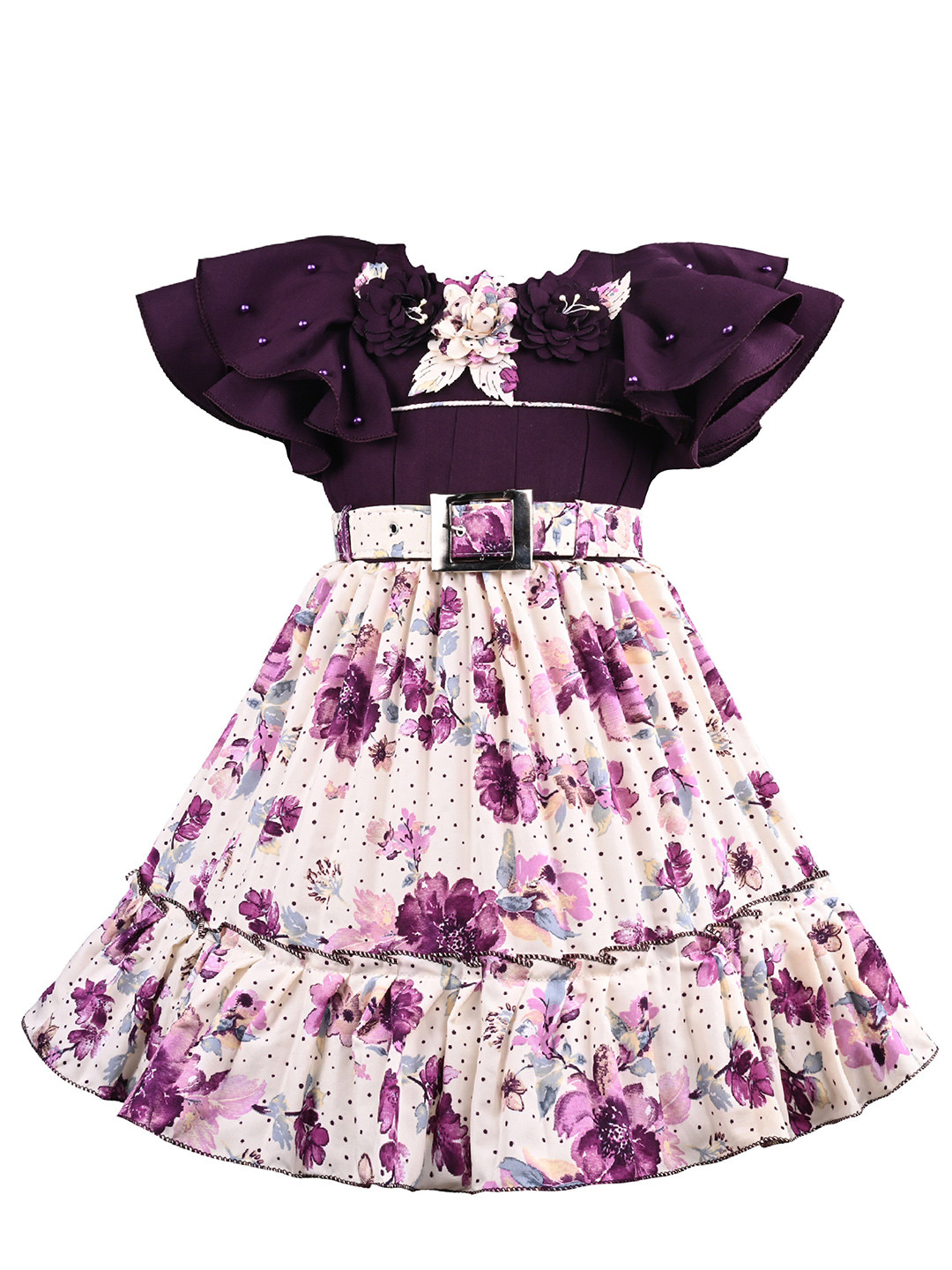 

Wish Karo Girls Floral Printed Flutter Sleeves Fit & flare Dress, White