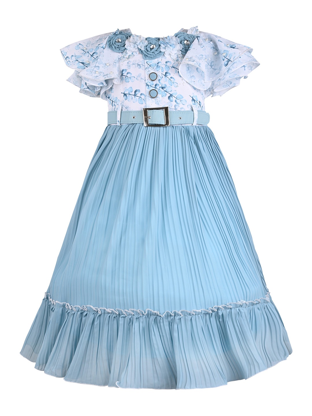 

Wish Karo Girls Floral Printed Flutter Sleeves Maxi Dress, Blue