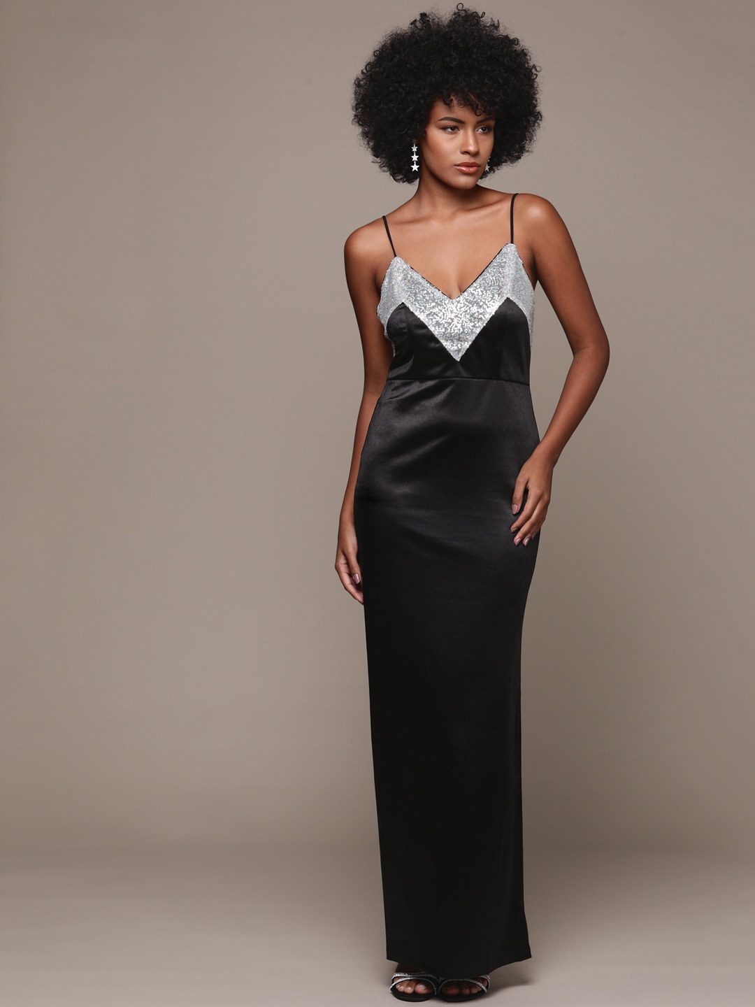 

bebe Party Sequinned Satin Maxi Dress, Black