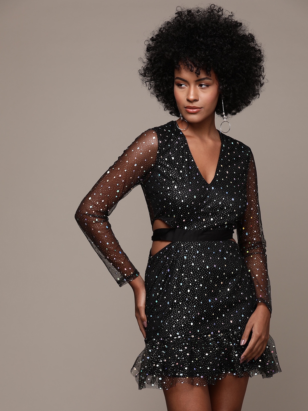 

bebe Party Ruffled Cut-Outs Embellished Bodycon Mini Dress, Black