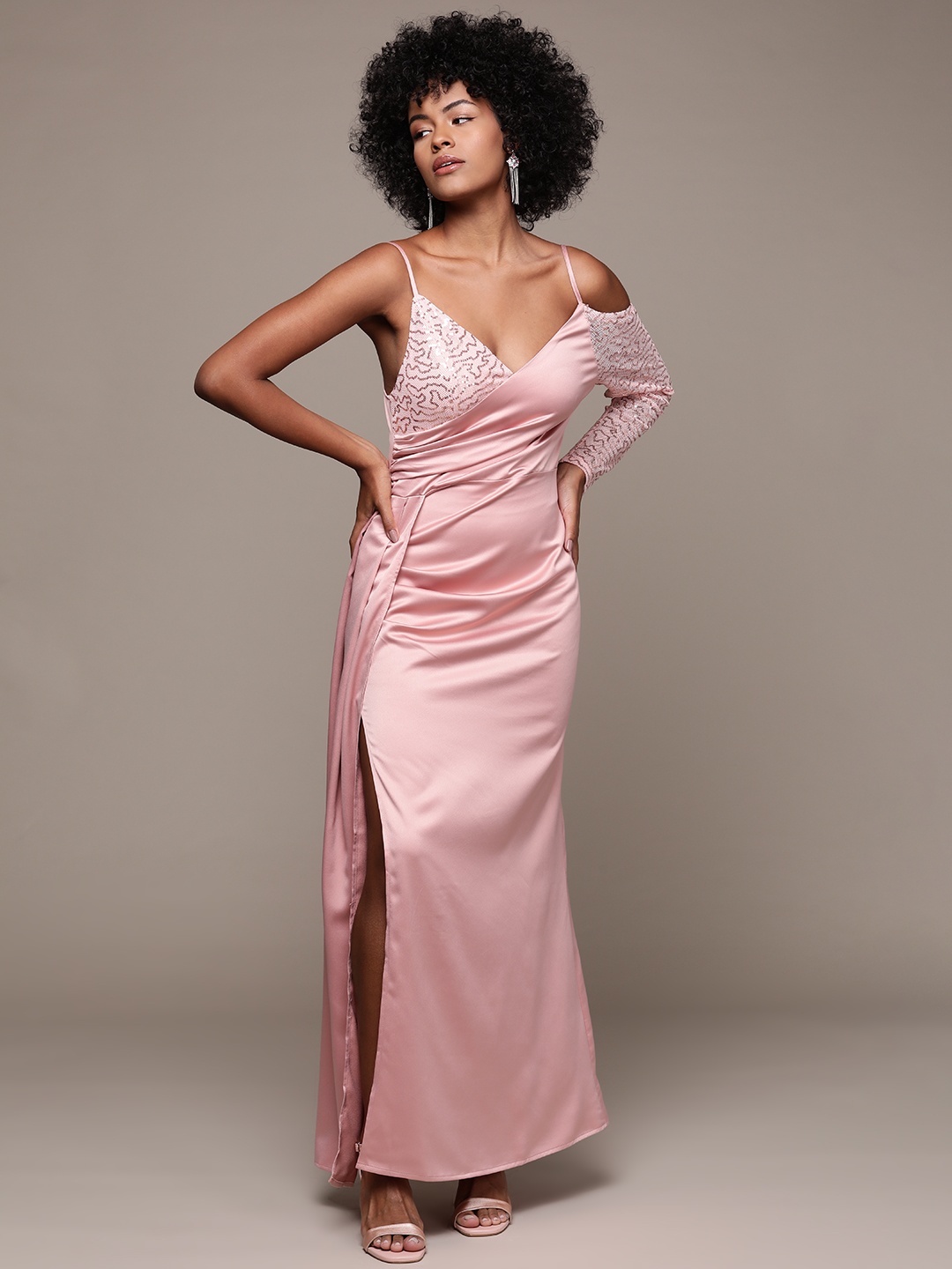 

bebe Future Glam Satin Finish Maxi Dress, Pink