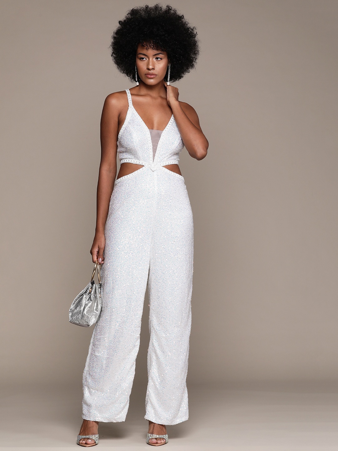 

bebe Women White Future Glam Cut-Out Sequinned Jumpsuit