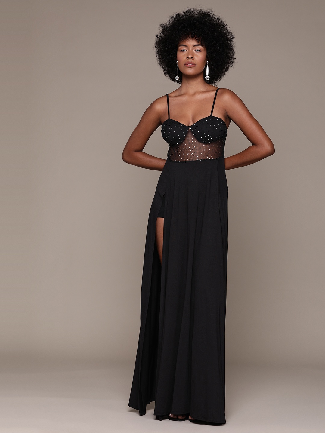 

bebe Future Glam Shimmery Net Gown, Black