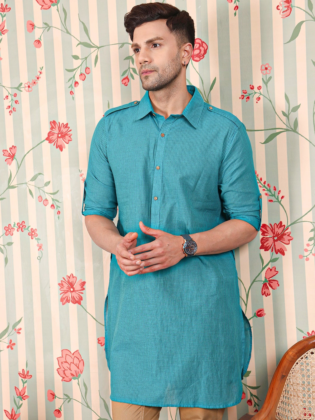 

Ode by House of Pataudi Striped Shirt Collar Roll-Up Sleeves Pure Cotton Pathani Kurta, Blue