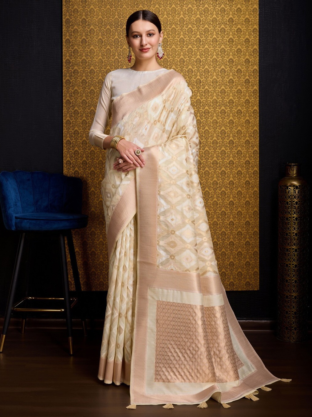 

VASTRA-THE FACTORY STORE Ethnic Motifs Woven Design Zari Saree, Cream