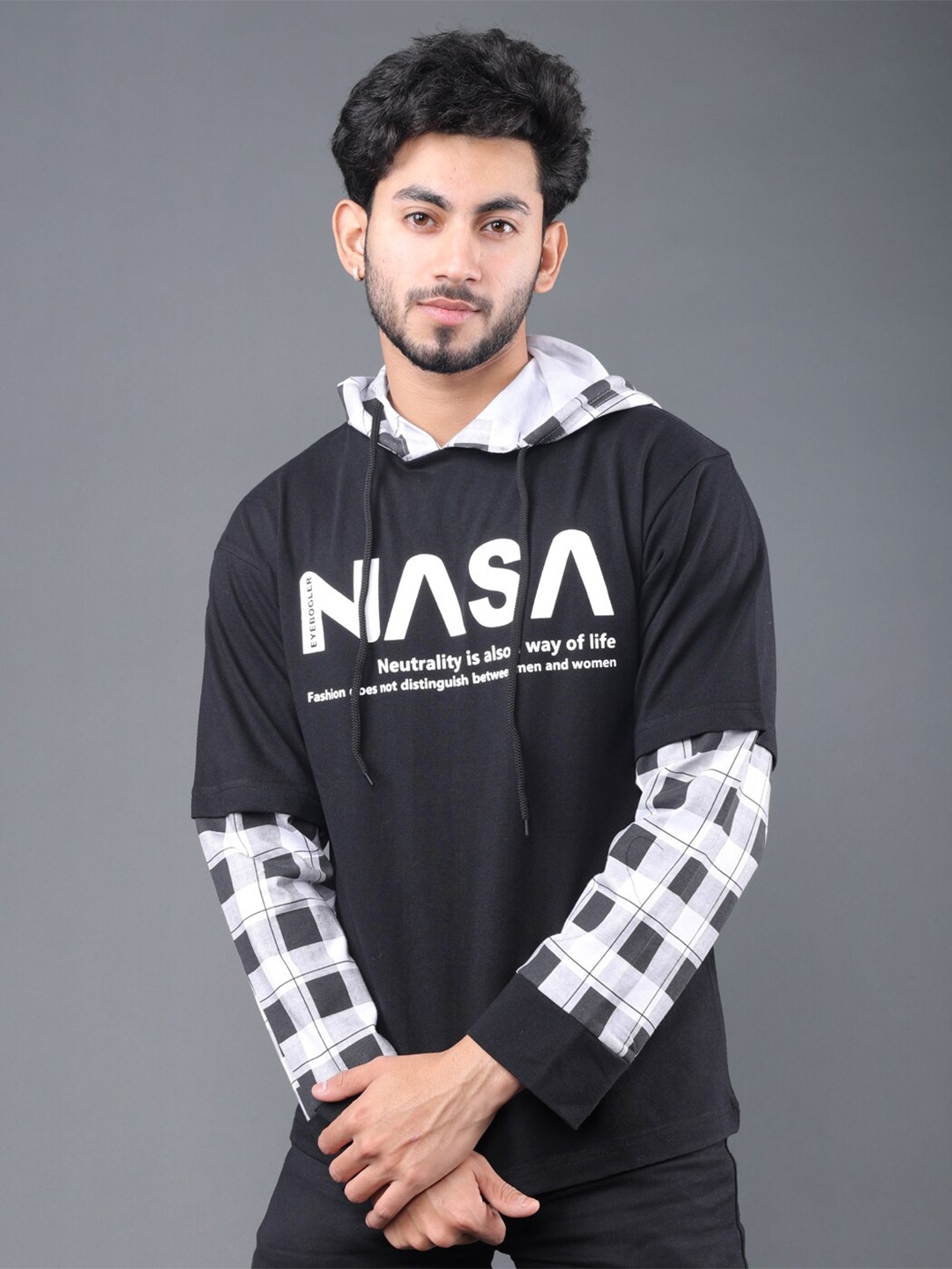 

Eyebogler Typography Printed Hooded Cotton Oversized T-shirt, Black