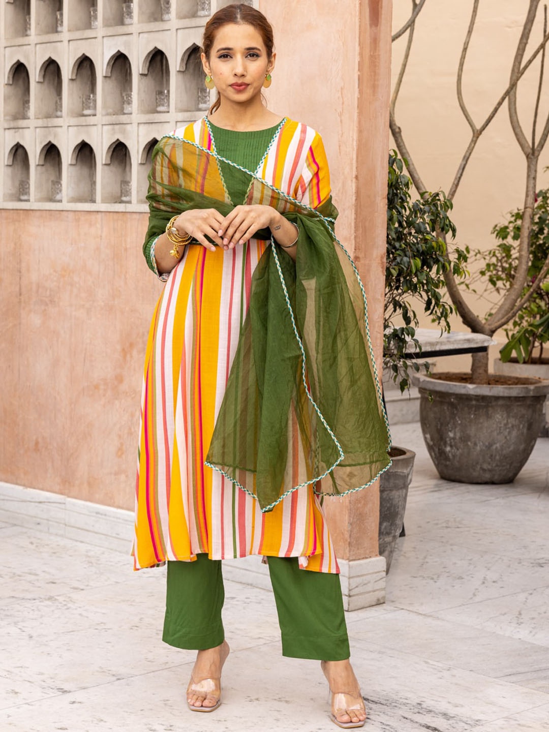 

Ambraee Striped Regular A-Line Kurta with Trouser & Dupatta, Mustard