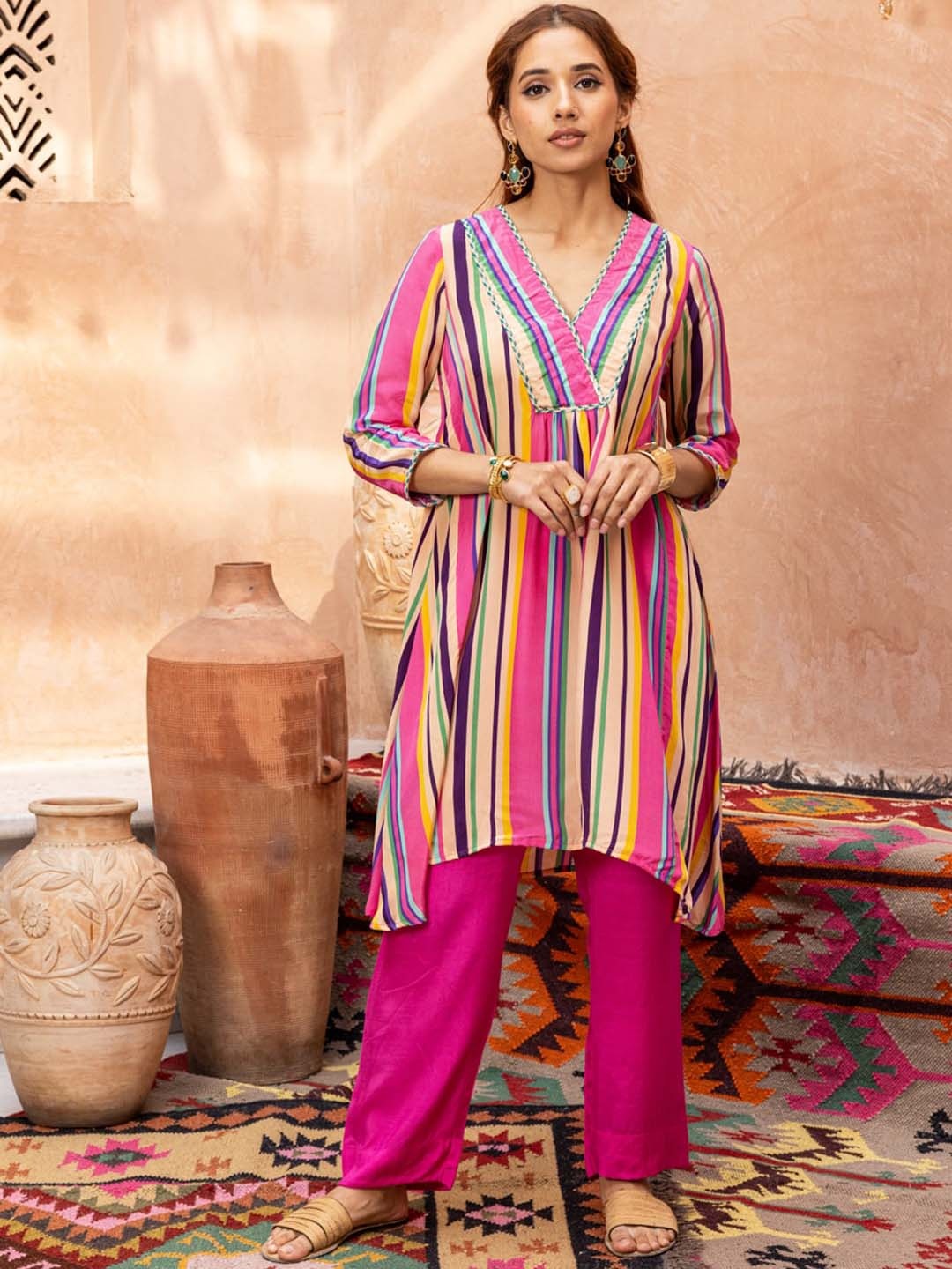

Ambraee Striped V-Neck A-Line Kurta With Trouser, Pink