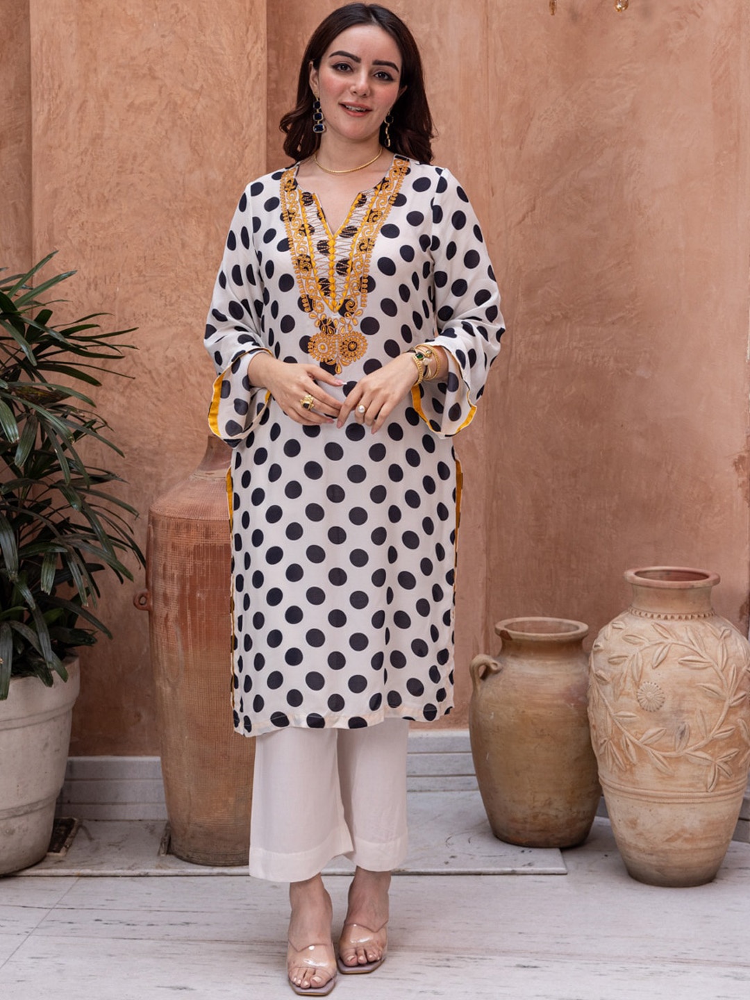 

Ambraee Polka Dot Printed Flared Sleeves Thread Work Detailed Straight Kurta With Trouser, Off white