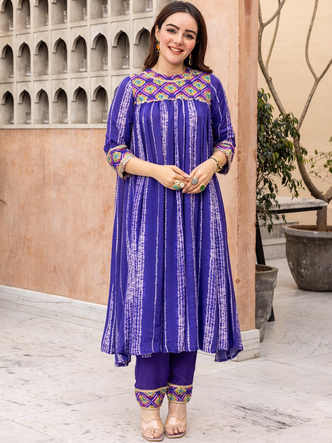 

Ambraee Striped Printed Regular Gotta Patti A-Line Kurta with Trouser, Blue