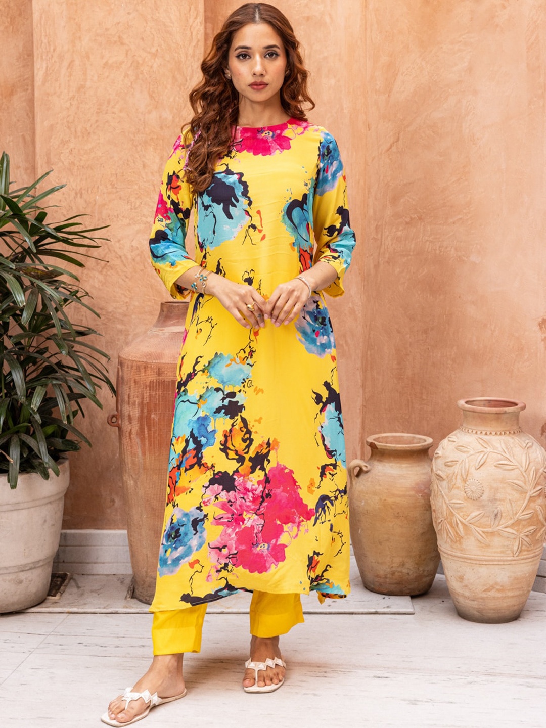 

Ambraee Floral Printed A-Line Kurta with Trouser, Yellow