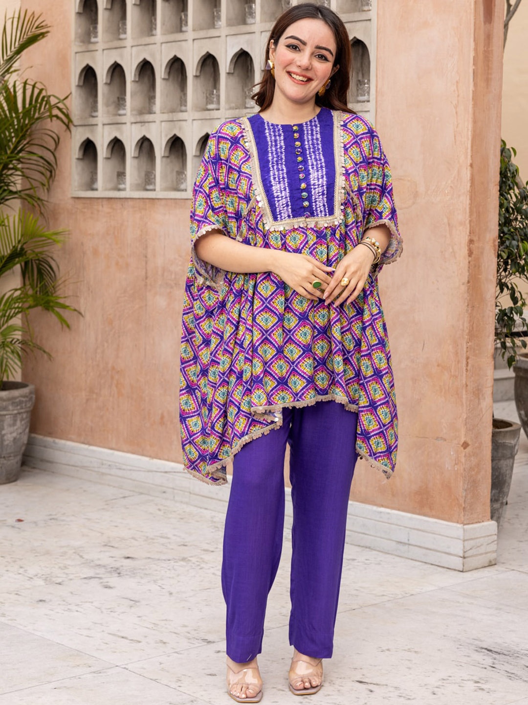 

Ambraee Ethnic Motifs Printed Gotta Patti Detailed Kaftan Kurta with Trouser, Purple