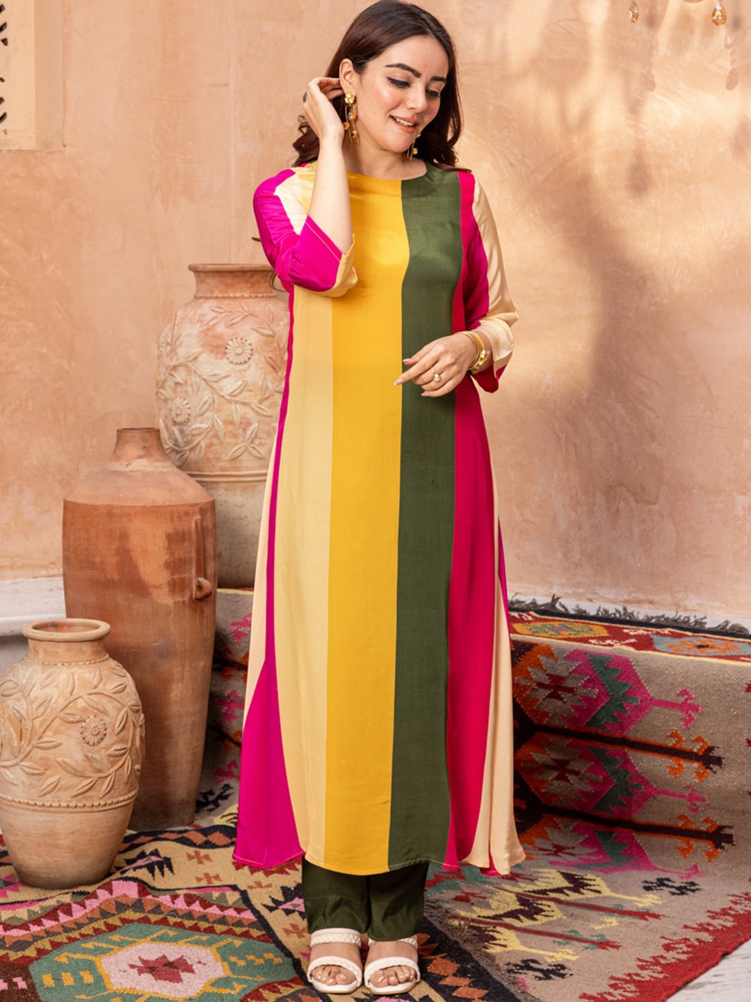 

Ambraee Striped A-Line Kurta With Trouser, Yellow