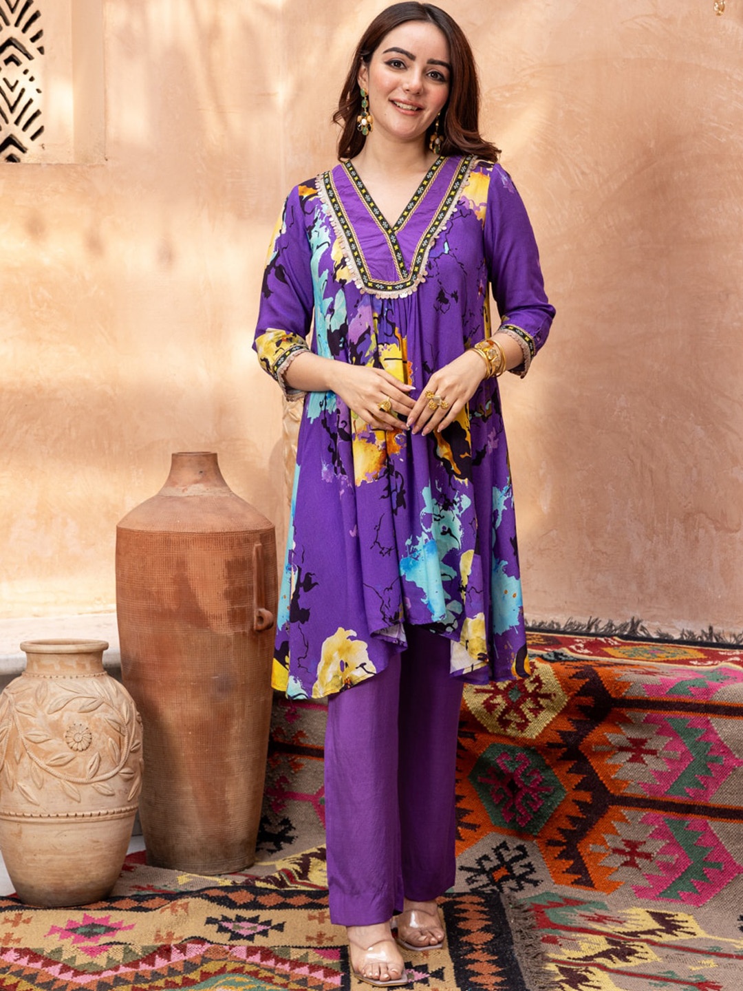 

Ambraee Floral Printed A-Line Kurta With Trouser, Purple